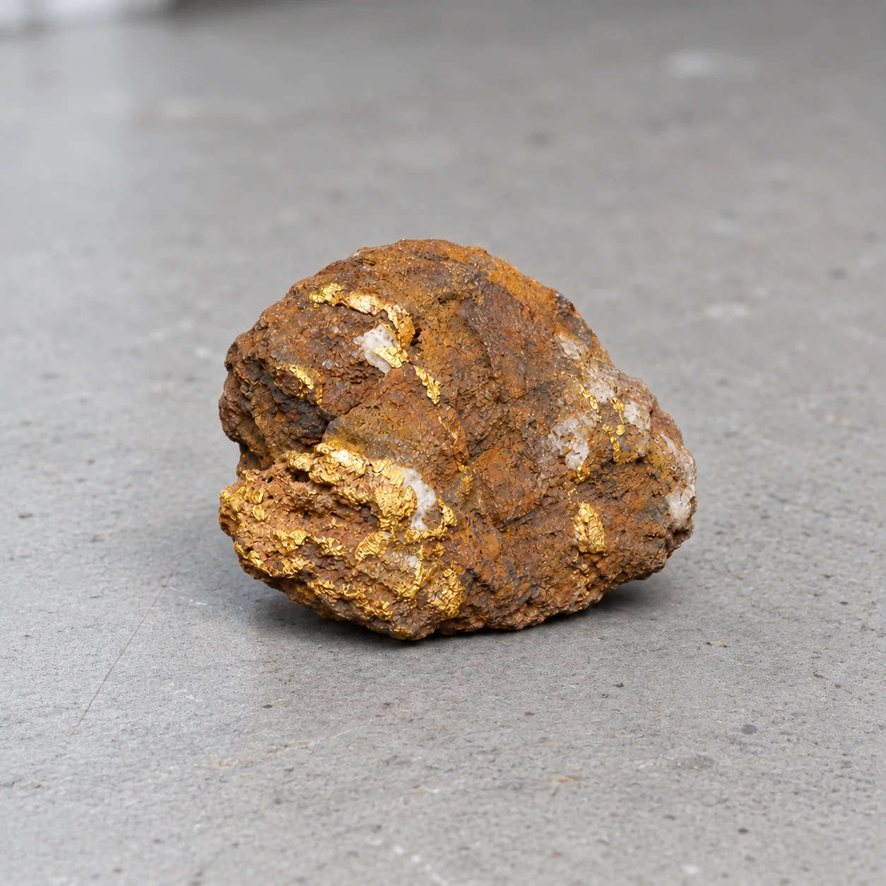 AI-generated illustration of a natural gold-bearing rock specimen on a grey worktop, inspired by Tanzanian gold.